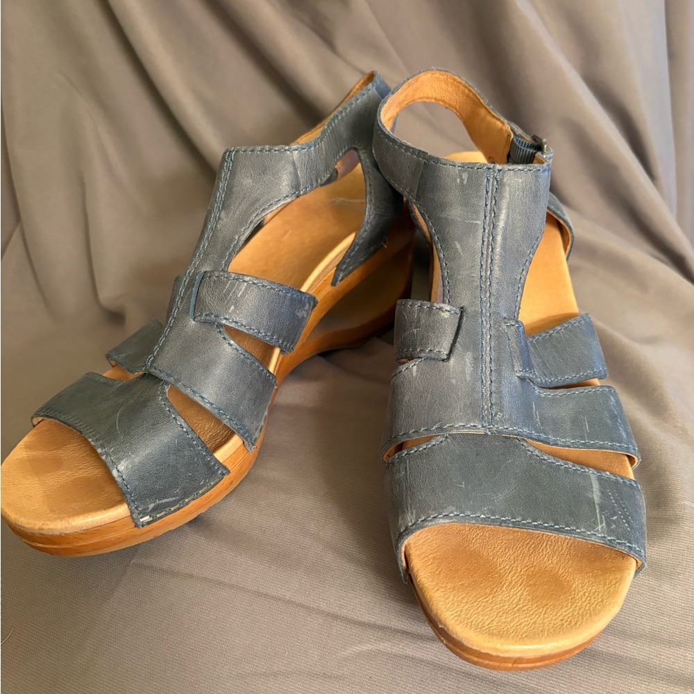 Dansko Blue Leather Strappy Wedge Sandals - Picture 2 of 8
